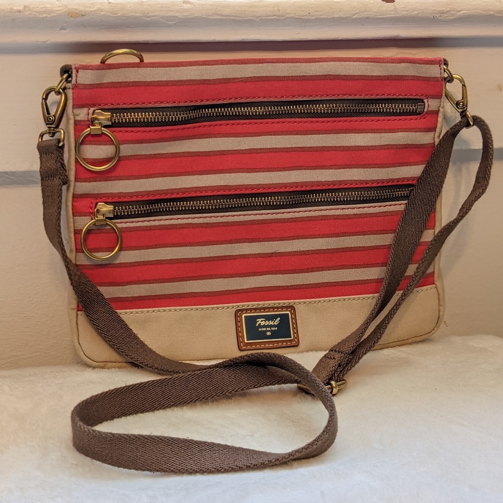 Fossil canvas striped coral crossbody